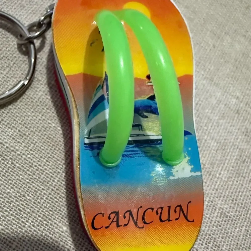 Colorful Flip-Flop Keychain Souvenir from Cancun with Green Straps